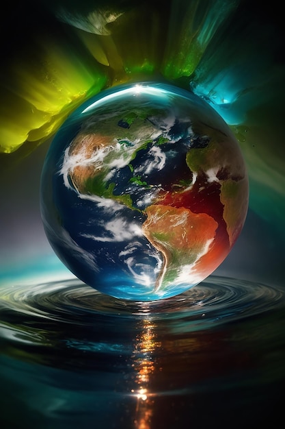 Terre à l'intérieur d'une goutte d'eau lumière volumétrique aux couleurs vibrantes