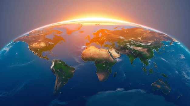 La Terre avec le lever du soleil à l'horizon par rendu 3D