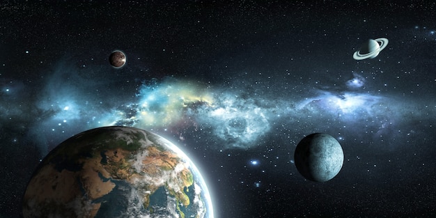 Terre, lune et soleil sur le fond de l'espace extra-atmosphérique en illustration 3d