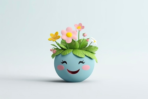 Terre mignonne 3D avec fleur sur fond blanc Journée de la planète Terre ou Journée de l'environnement Concept AI Générative