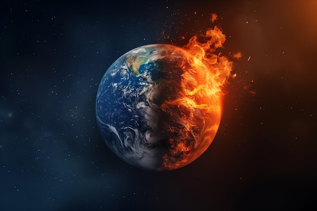 la terre avec un monde en feu en arrière-plan