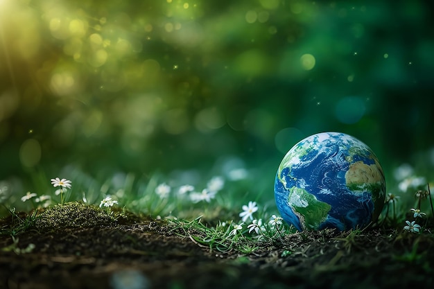 Terre mondiale sur le sol en forêt avec fougères et soleil