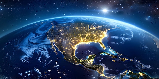 La Terre la nuit depuis l'espace avec les lumières de la ville sur le fond du continent d'Amérique du Nord Ai généré