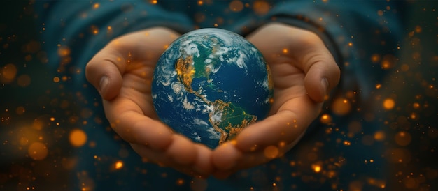 Photo la terre la nuit était dans les mains humaines