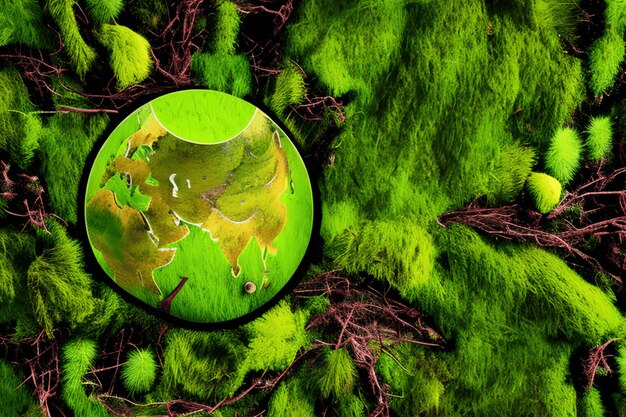 Terre avec plusieurs arbres et plantes globe verre sur mousse verte fond nature générative ai