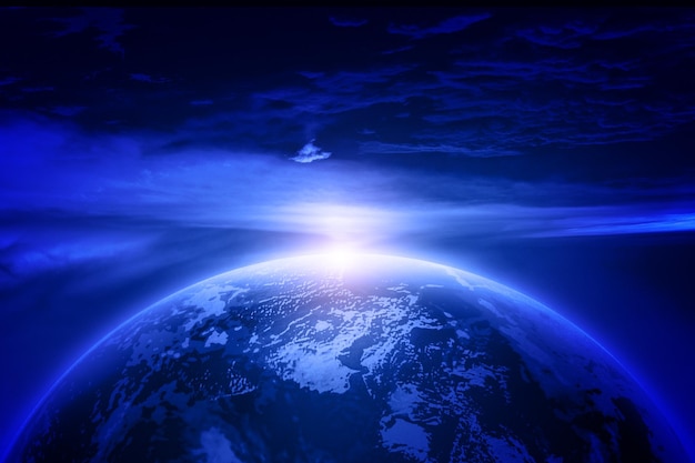 Terre rougeoyante et orbite sur fond bleu Fond de technologie Internet