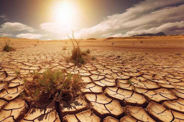 Terre sèche et plante mourante été chaud causé par El Nino