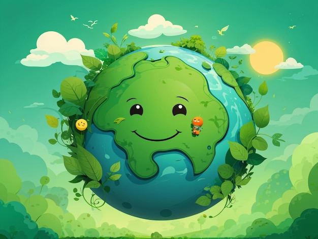 La Terre verte, un avenir brillant, une planète de dessins animés respectueuse de l'environnement sur un fond vert