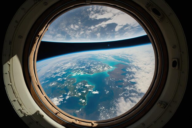 Photo la terre vue depuis une fenêtre d'une station spatiale avec des parties de cette image fournie par la nasa