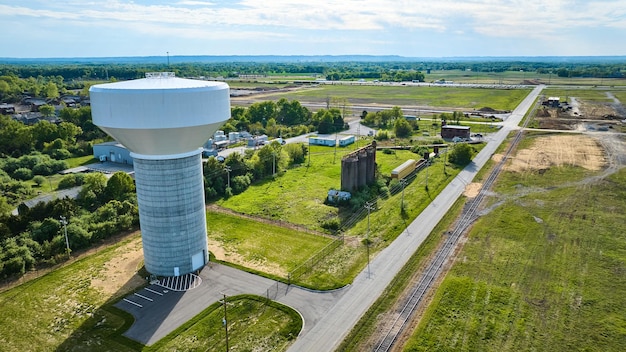 Terres agricoles aériennes champs agricoles tour d'eau blanche bâtiments abandonnés silos voies ferrées détruites