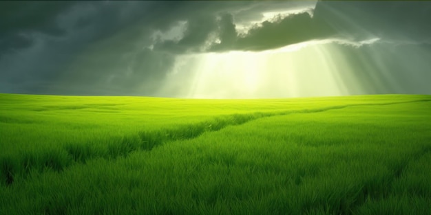 Des terres agricoles verdoyantes avec des récoltes vertes sous un ciel spectaculaire avec des rayons de soleil tombant à travers les nuages Illustration générative d'IA