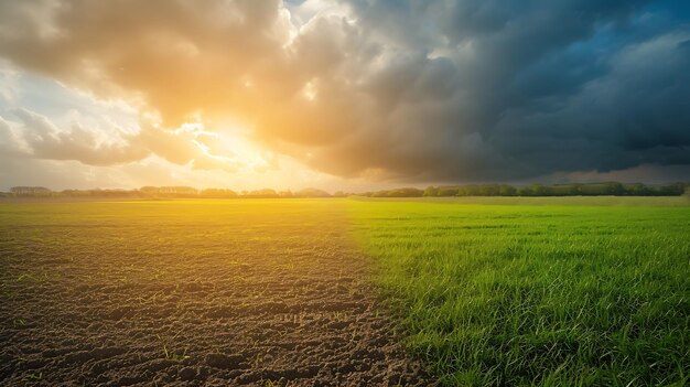 Terres avec sol sec et fissuré et champs verts Désert Fond du réchauffement climatique