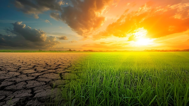 Terres avec sol sec et fissuré et champs verts Désert Fond du réchauffement climatique