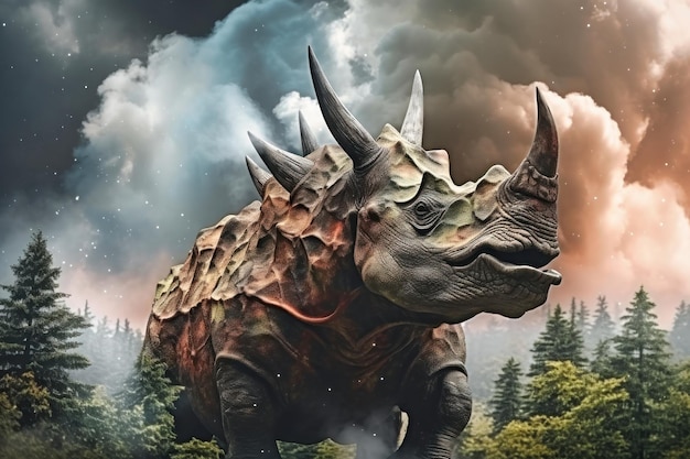 Un terrible dinosaure Tyrannosaurus Trex avec une énorme bouche ouverte sur un fond de feu et de fumée dans la jungle primitive en feu Mort des dinosaures