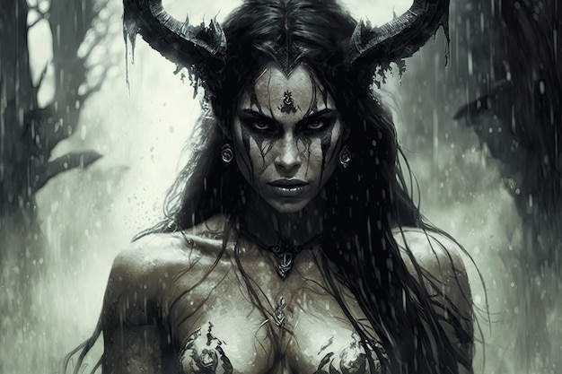 Terrible femme sorcière diable avec des cornes dans la forêt Illustration de l'IA générative