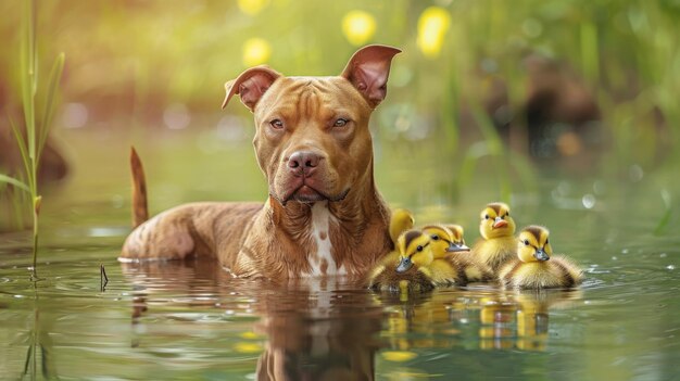 Un terrier américain du Staffordshire avec de petits canards