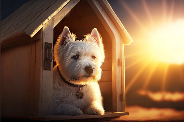 Terrier blanc dans une niche en bois sur fond de soleil flou