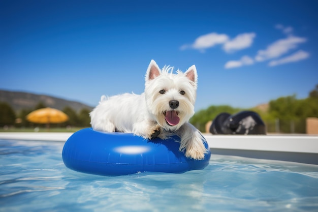 Terrier blanc des Highlands de l'Ouest Terrier blanc à l'extérieur dans la piscine Généré par l'IA