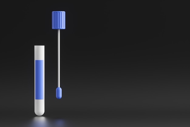 Test de coronavirus COVID-19 pcr isolé sur fond noir. Ampoule bleue avec un bâtonnet d'écouvillon dans le nez. illustration de rendu 3D.