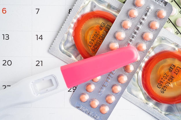 Photo test de grossesse et pilules contraceptives sur le calendrier contraception santé et médecine