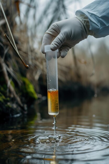 Test de la qualité de l'eau de la rivière avec un tube d'essai