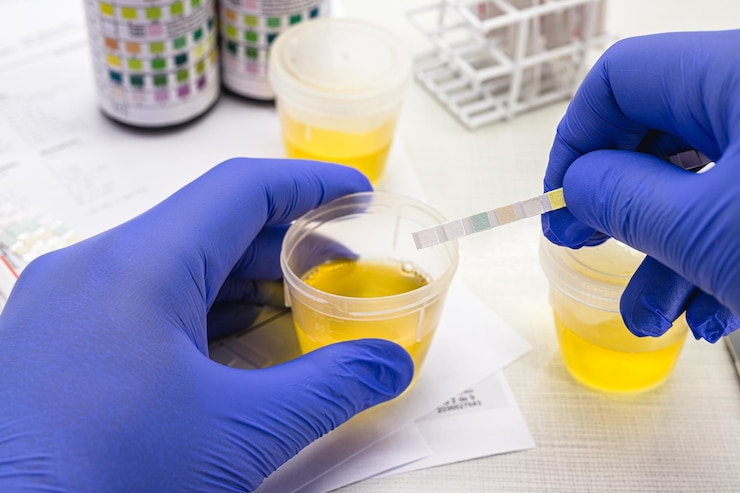 Photo test d'urine réalisé avec un flacon de bandelette réactive d'analyse d'urine utilisée pour l'examen en laboratoire de contrôle de la cétose