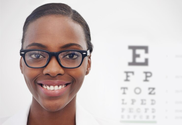 Photo test de vision et portrait d'une femme en consultation pour un examen oculaire d'optométrie et un médecin des soins de santé expert en lunettes et tableau médical avec des lettres en clinique et optométriste africain avec des lunettes