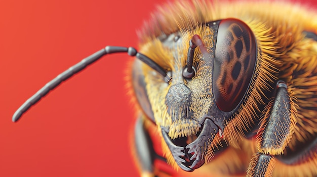 Une tête d'abeille en gros plan Les abeilles sont clairement visibles ainsi que ses antennes et ses parties buccales