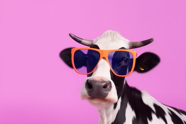 Photo tête animal personnage coloré portrait visage mignon vache drôle lunettes de soleil ia générative