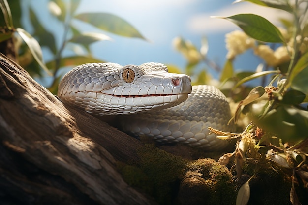 La tête de l'animal sauvage de serpent blanc semble féroce dans la branche d'arbre le jour lumineux