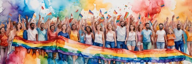 En-tête d'aquarelle avec une foule d'individus LGBTIQA divers marchant dans un défilé de la fierté avec des drapeaux LGBT