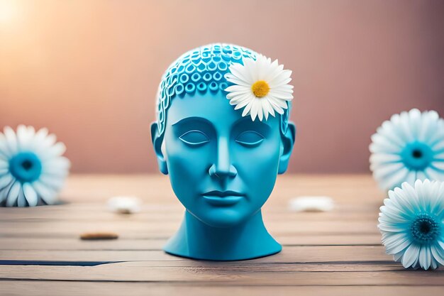 une tête bleue d'une femme avec une marguerite dans ses cheveux