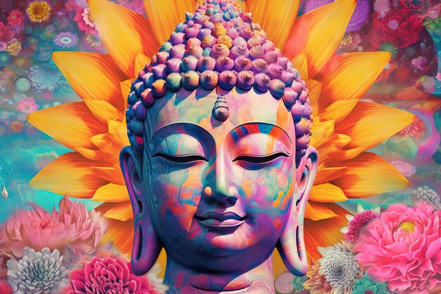 Photo tête de bouddha pleine face et détaillée sur un fond coloré collage d'art numérique ia générative