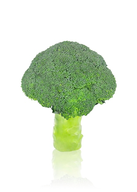 Une tête de brocoli biologique frais sur fond isolé blanc avec un tracé de détourage.