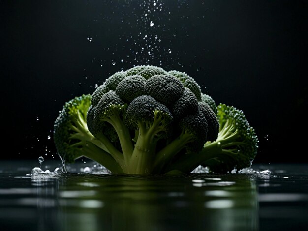 une tête de brocoli est montrée dans l'eau avec des bulles