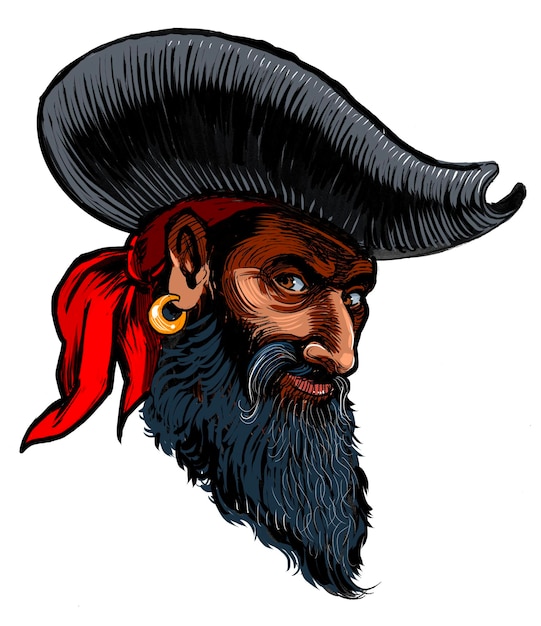 Tête de capitaine pirate dessinée à la main à l'encre sur papier et colorée à la mains sur tablette