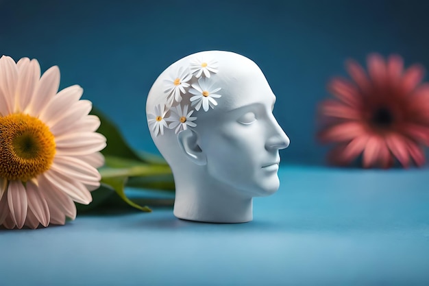 une tête de céramique avec des fleurs et une tête d'homme.