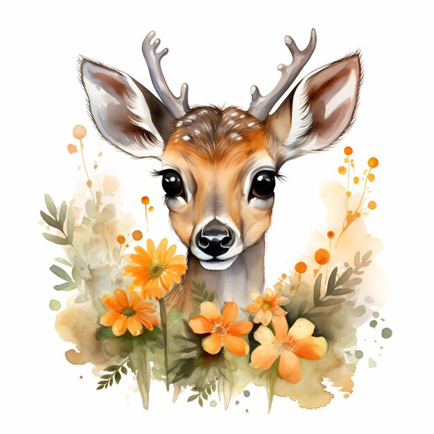 une tête de cerf avec des bois et des fleurs