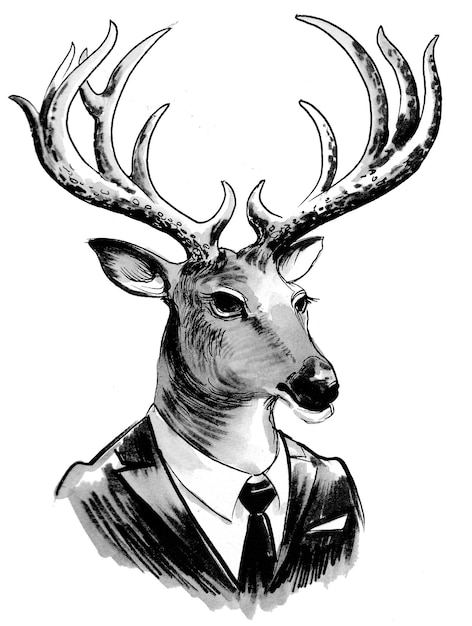 Tête de cerf. Dessin noir et blanc à l'encre