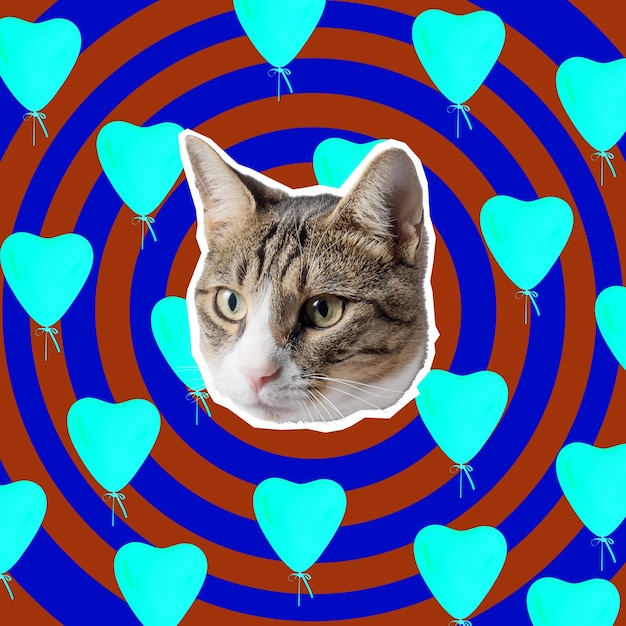 Photo tête de chat avec des coeurs lumineux collage pop art concept design