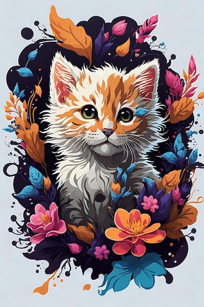 tête de chat mignon et vif fleurs de fantaisie éclaboussure de dessin aflato sticker vecteur sans arrière-plan