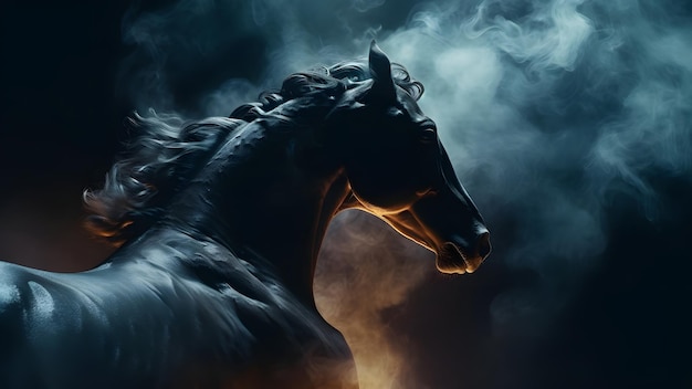 Tête de cheval artistiquement éclairée avec de la fumée et des émanations sur fond noir Réseau neuronal généré