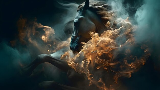 tête de cheval artistiquement éclairée avec fumée et émanations sur fond noir Réseau de neurones généré en mai 2023 Non basé sur une scène ou un motif réel
