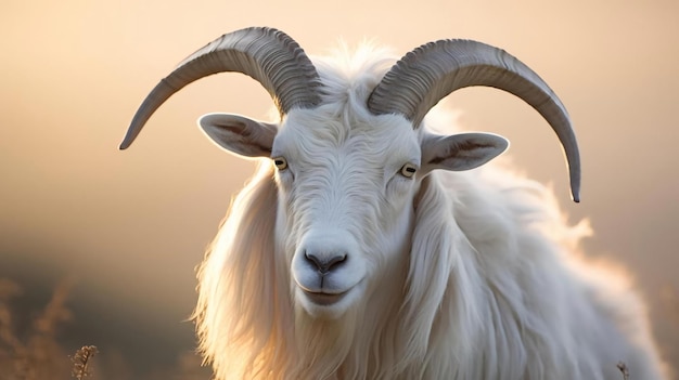 Une tête de chèvre à cornes blanches sur fond naturel flou généré par ai