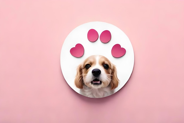 Une tête de chien avec des cœurs sur elle et un fond rose