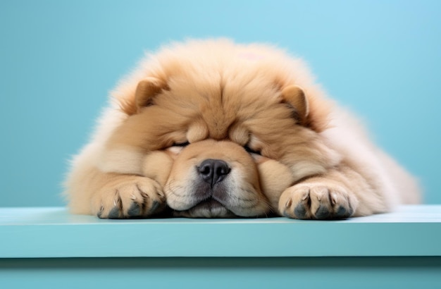 Une tête de chien reposant sur la table.