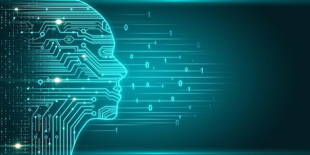 Tête de circuit lumineuse créative contour IA et concept futuriste rendu 3D