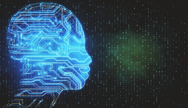 Tête de circuit numérique sur fond sombre intelligence artificielle et concept logiciel rendu 3D