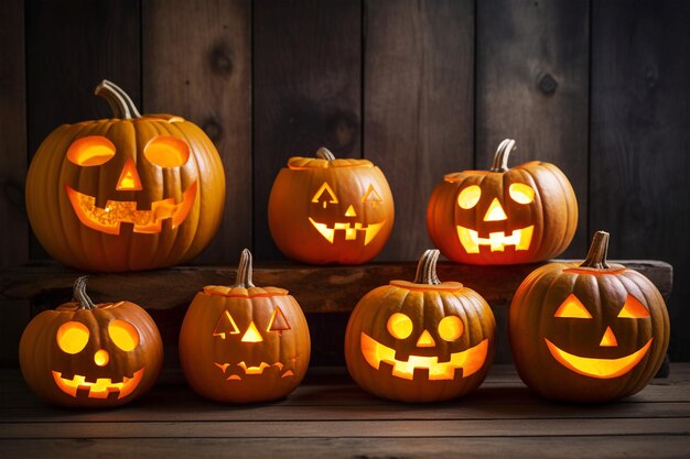 Tête de citrouille d'Halloween jack o lantern avec visage brillant sur fond de table en bois