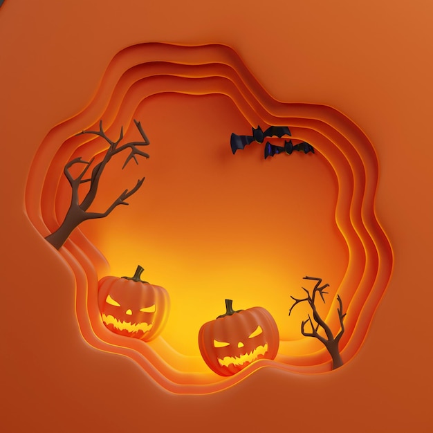 Tête de citrouilles d'Halloween de plus en plus avec fond pour présent sur fond de couleur orange illustration de rendu 3d